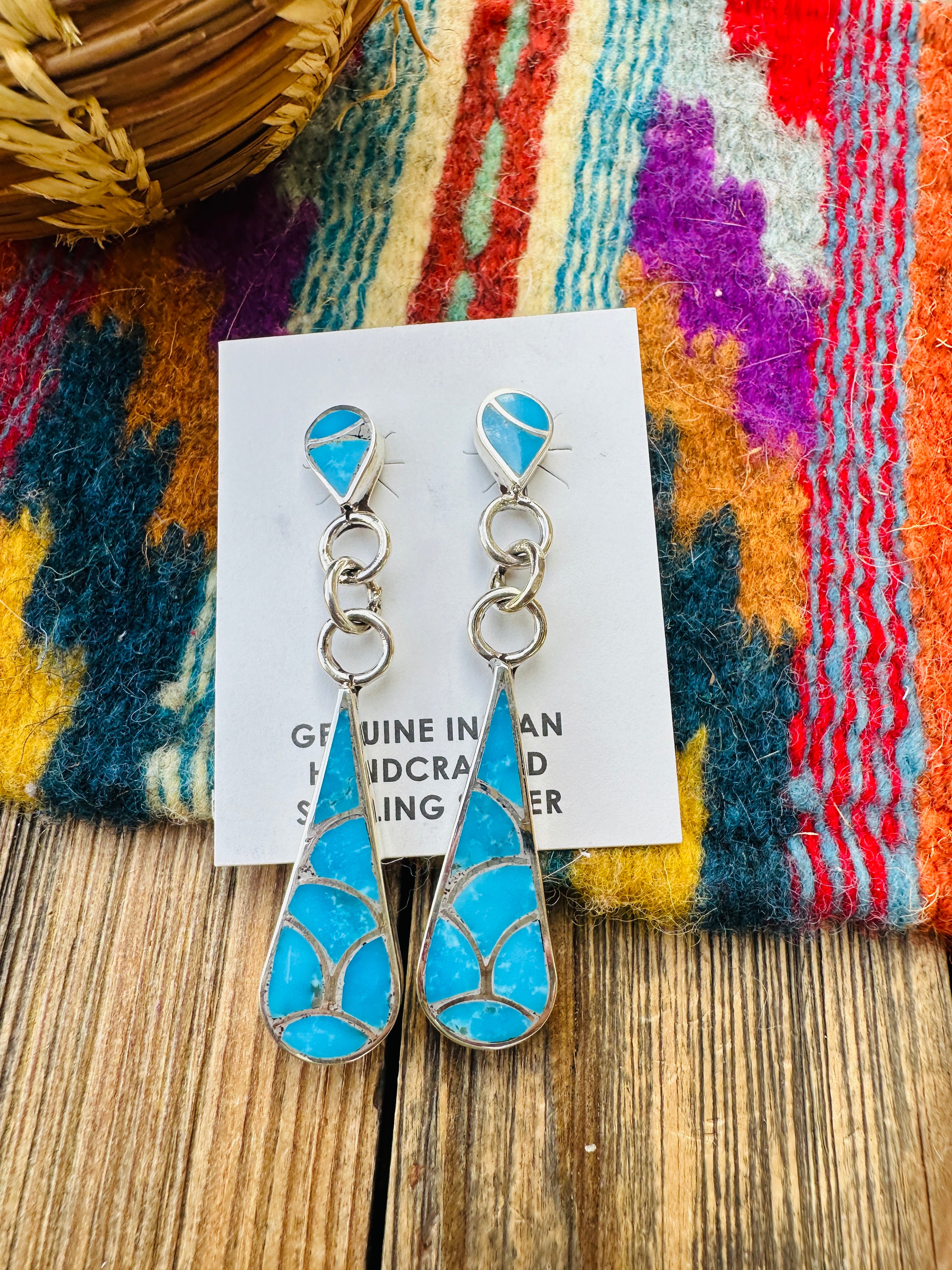 Handcrafted Turquoise & Sterling Silver Inlay Teardrop Dangle Earrings
