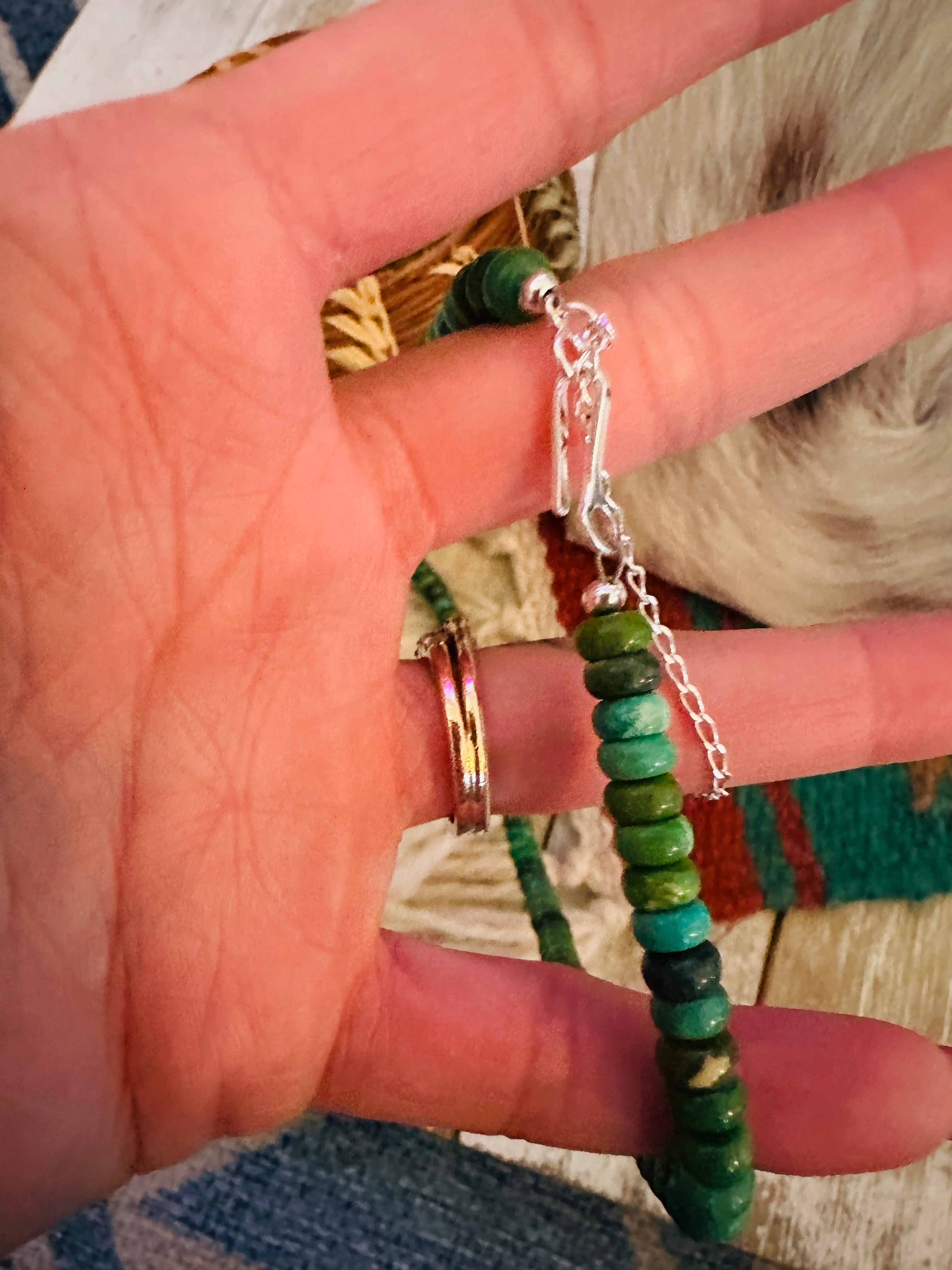 Handcrafted Green Turquoise & Sterling Silver Beaded Necklace 17”