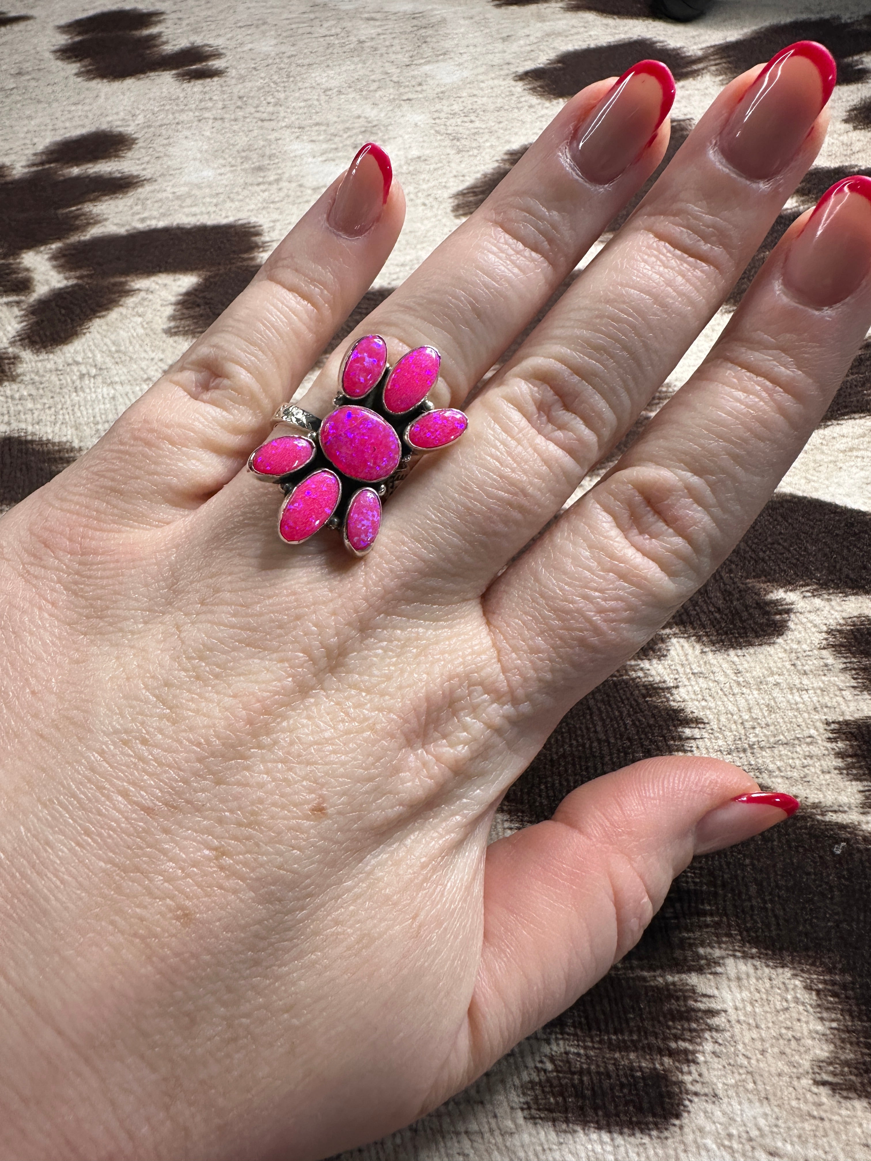 Beautiful Handmade Hot Pink Fire Opal And Sterling Silver Adjustable Ring