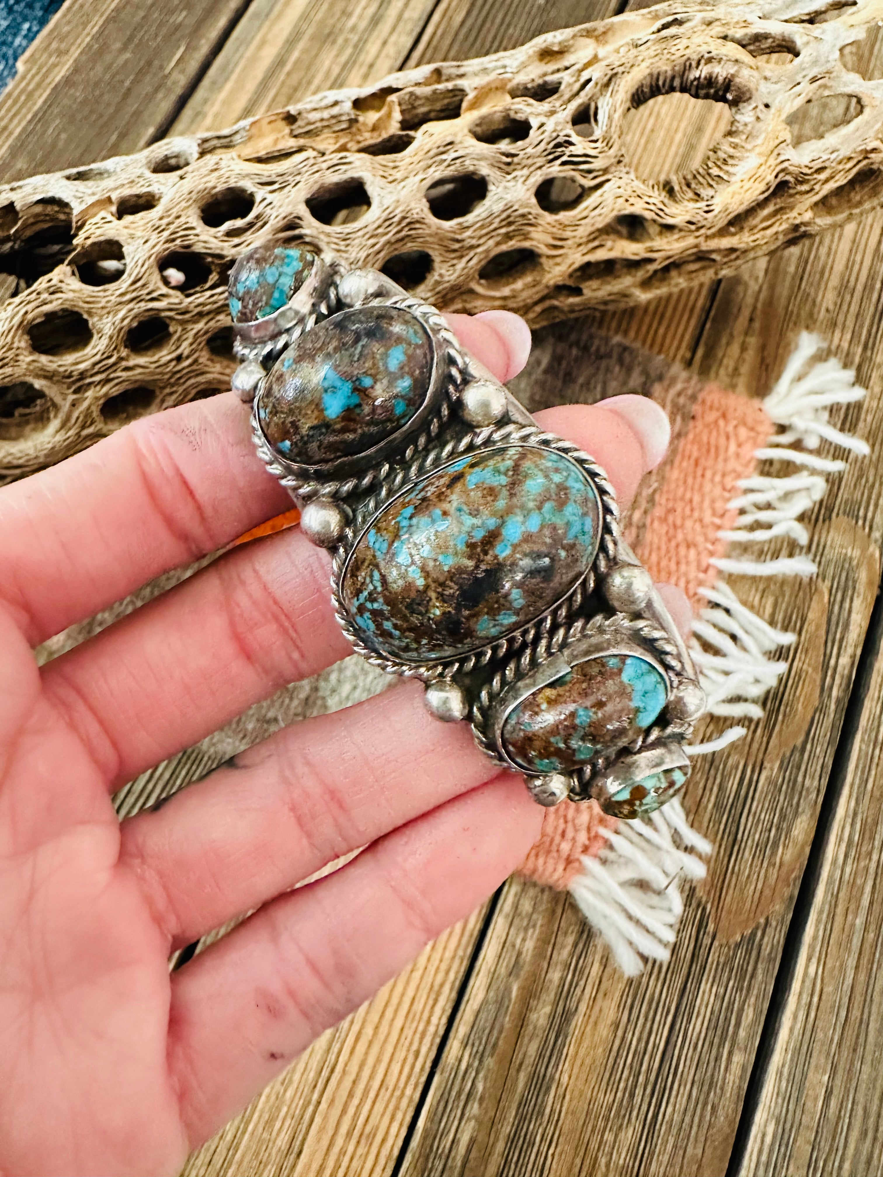 Navajo Old Pawn Morenci Turquoise & Sterling Silver Cuff Bracelet /