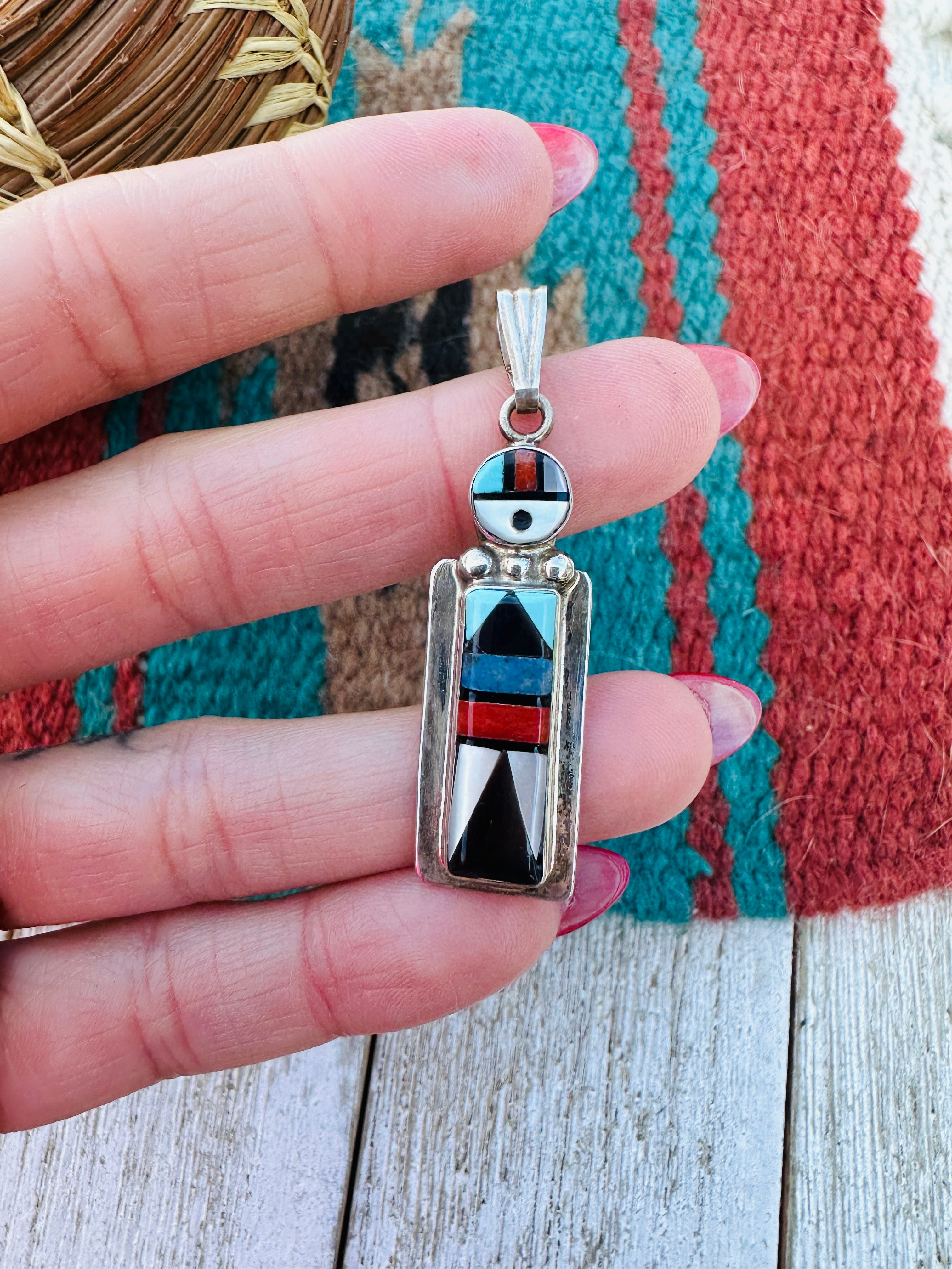 Handcrafted Sterling Silver and Multi Stone Inlay Sun Face Pendant