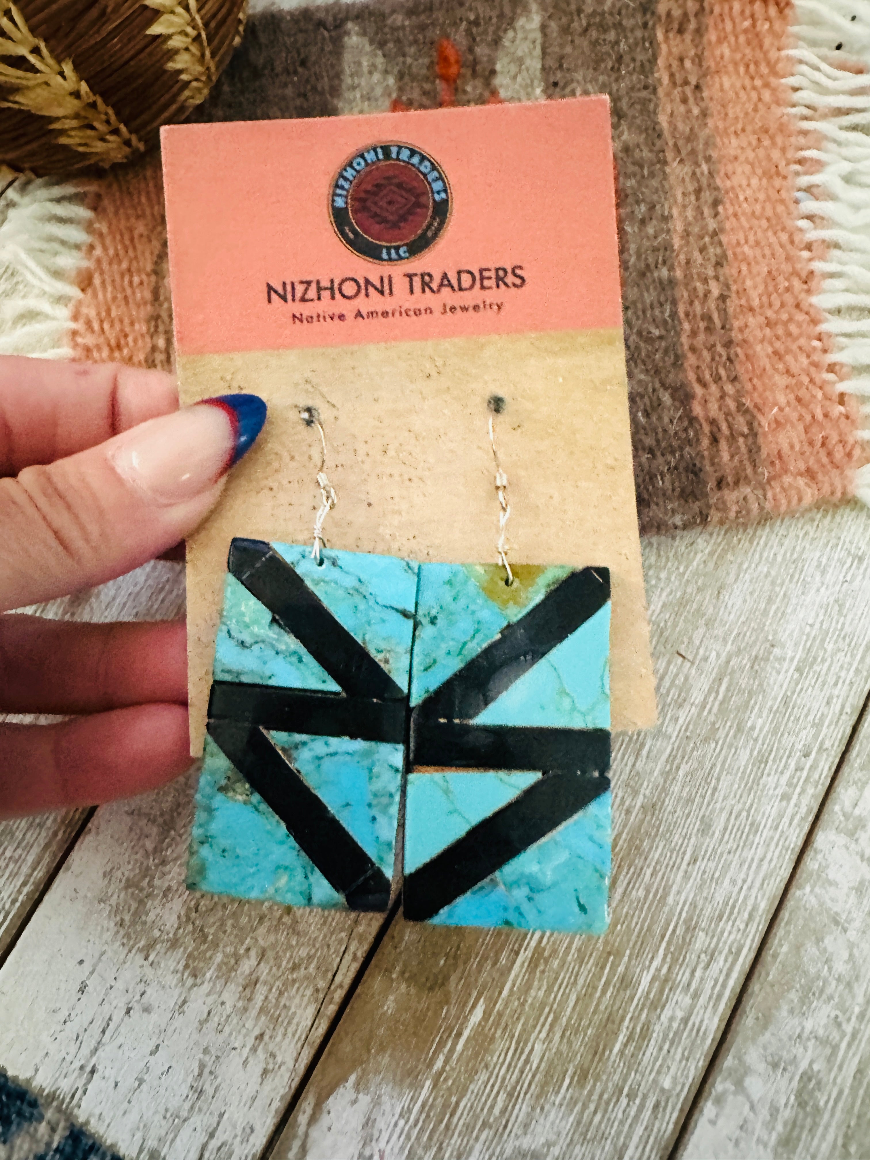 Handcrafted Turquoise & Onyx Inlay Dangle Earrings