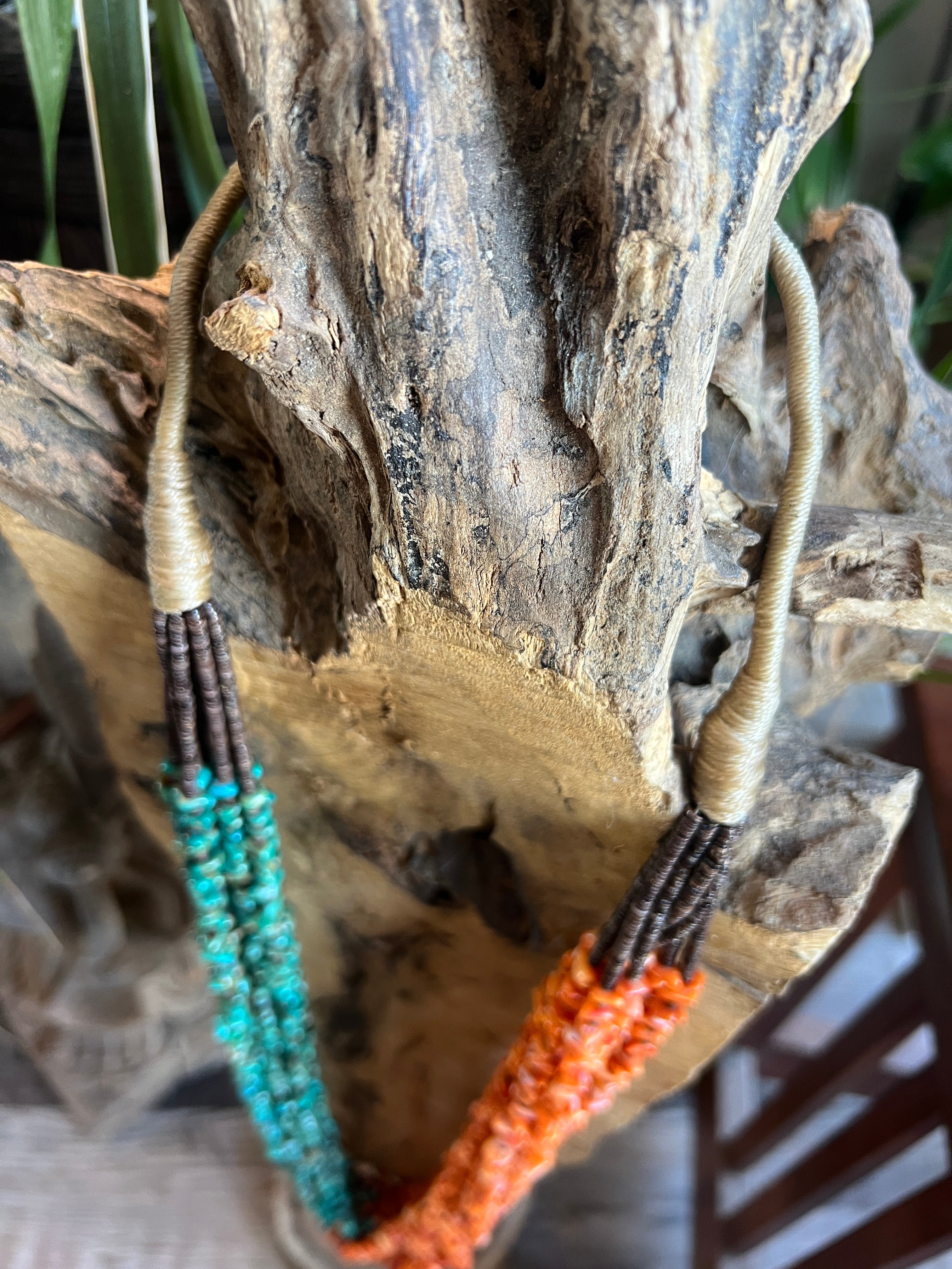 Handcrafted Eight Strand Spiny Oyster and Turquoise Beaded Squaw Wrap Necklace by Daniel Coriz