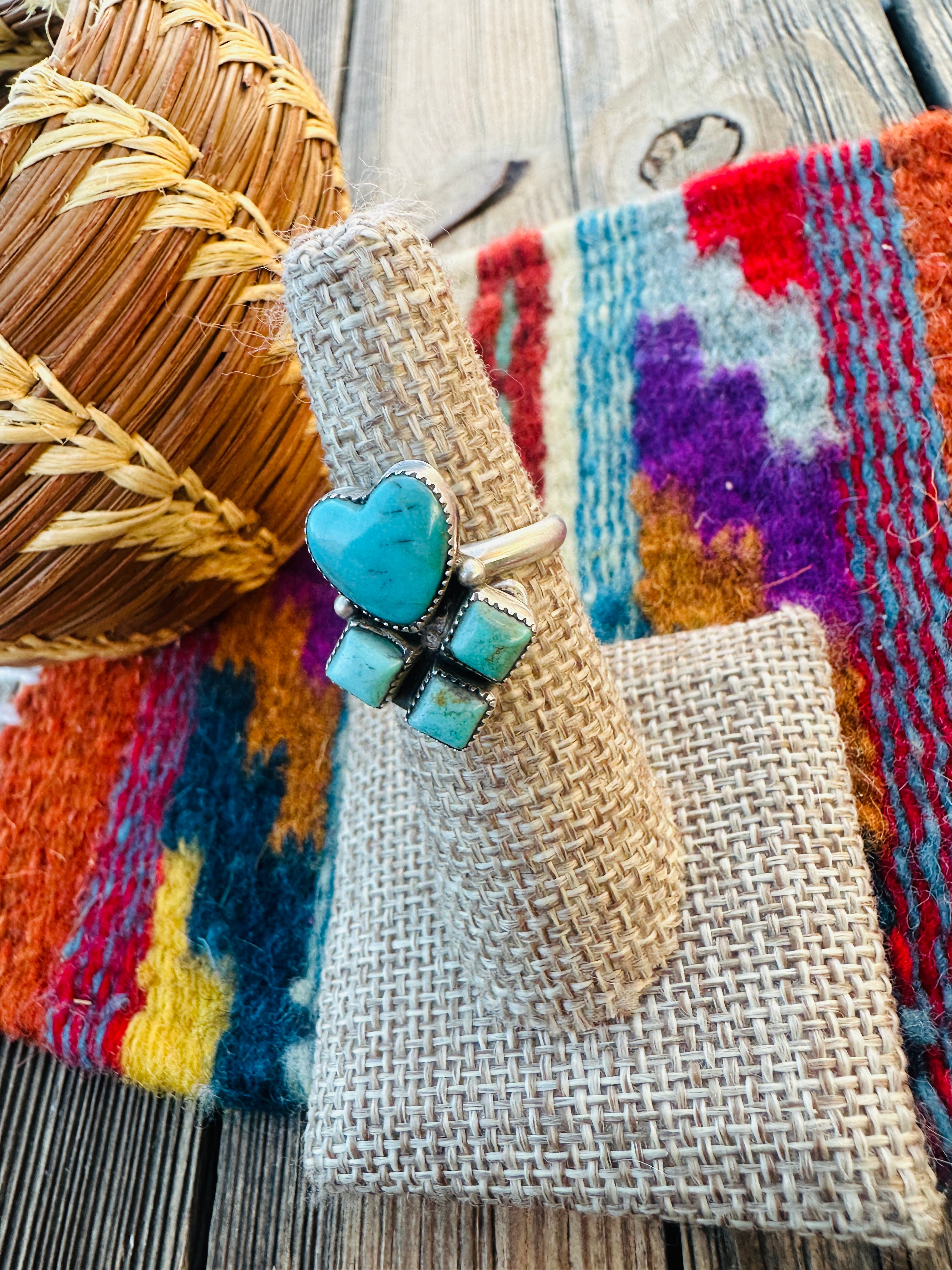 Handcrafted Turquoise & Sterling Silver Heart Adjustable Ring by Julia Etsitty