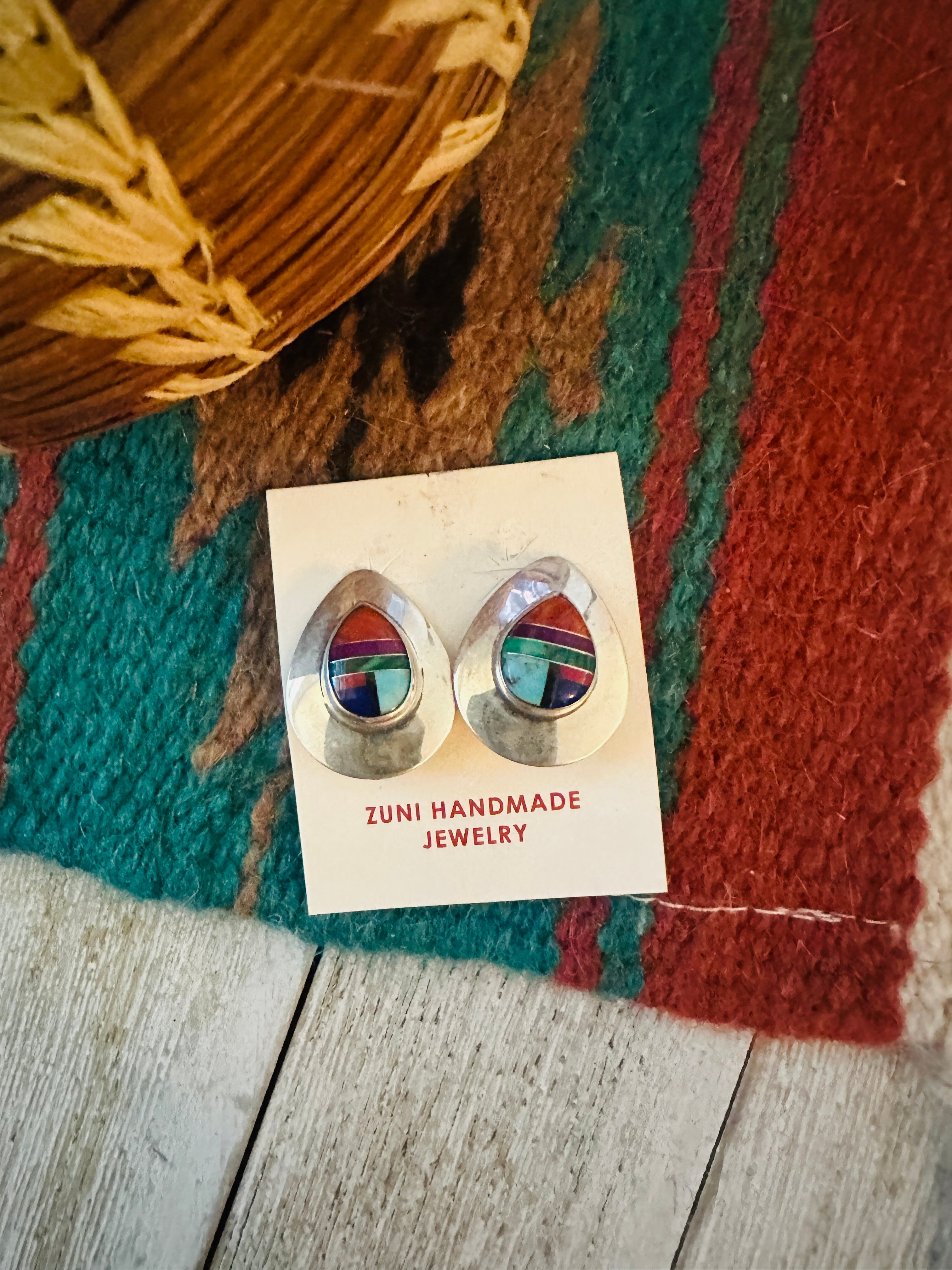 Handcrafted Old Pawn Sterling Silver & Multi Stone Clip On Earrings