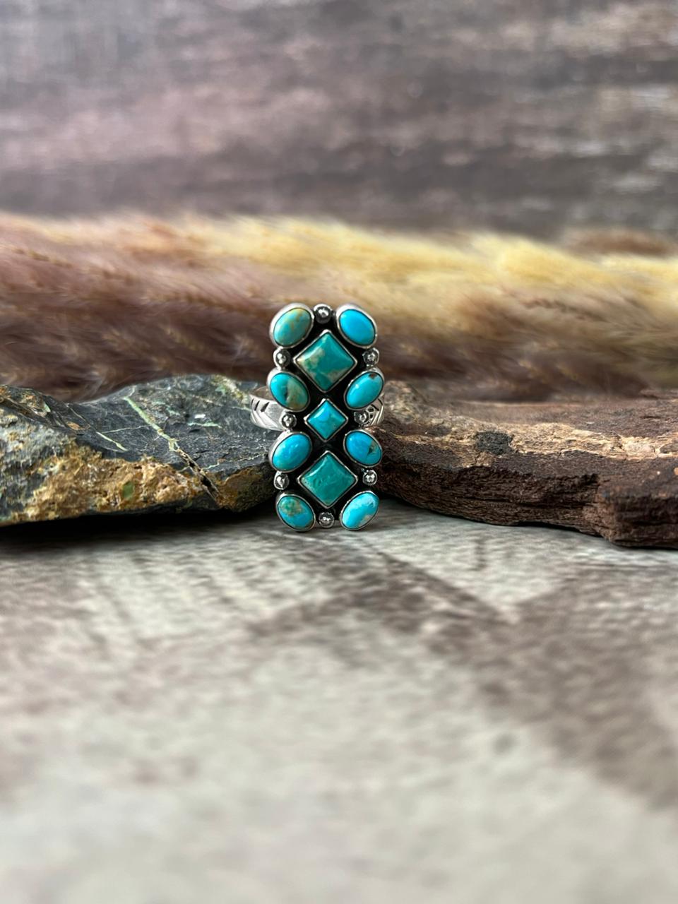 Handmade Sterling Silver Kingman Turquoise Adjustable Ring "Signed Nizhoni"