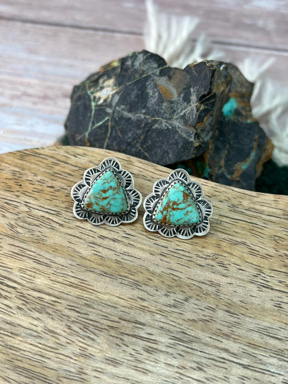 Handmade Sterling Silver Baja Turquoise Collection: Post Studs Earrings "Signed Nizhoni"