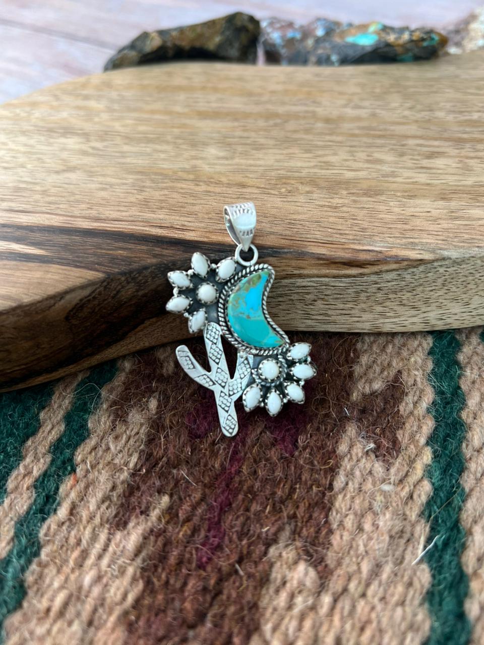 Handmade Sterling Silver Kingman Turquoise with White Buffalo Pendant "Signed Nizhoni"