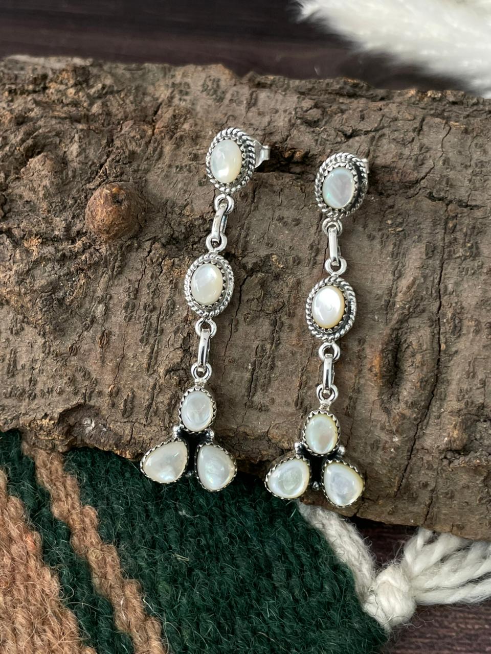 Handmade Sterling Silver Wedding Collection: Mother of Pearl Post Dangle Earrings "Signed Nizhoni"