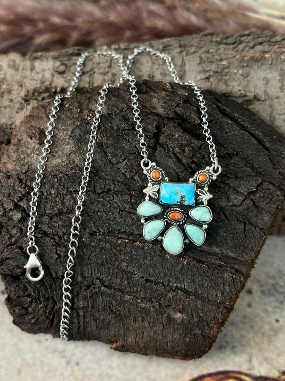 Handmade Sterling Silver White Water with Paloma Turquoise and Orange Mojave Necklace Signed Nizhoni