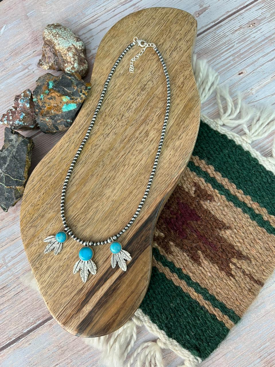 Handmade Sterling Silver Blue Kingman Turquoise Beaded Necklace "Signed Nizhoni"