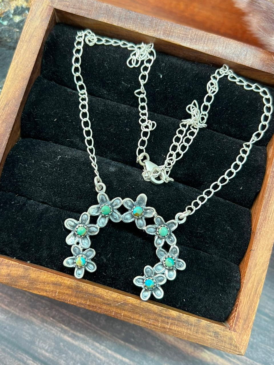 Handmade Sterling Silver Flower Collection: Kingman Turquoise Naja Necklace "Signed Nizhoni" (4)
