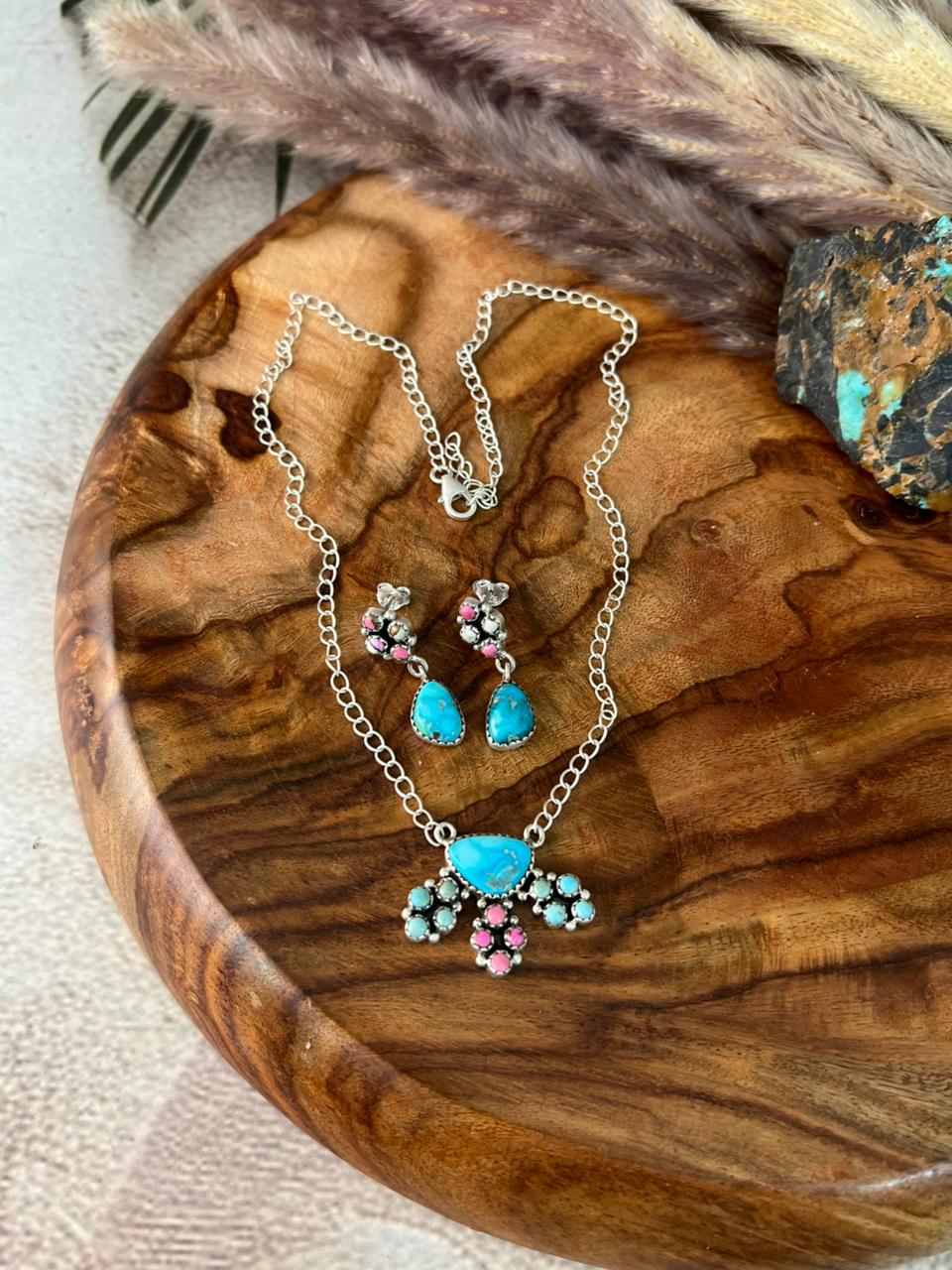 Handmade Sterling Silver Sierra Bella Turquoise with Cotton Candy Collection: Necklace Earrings Set "Signed Nizhoni"