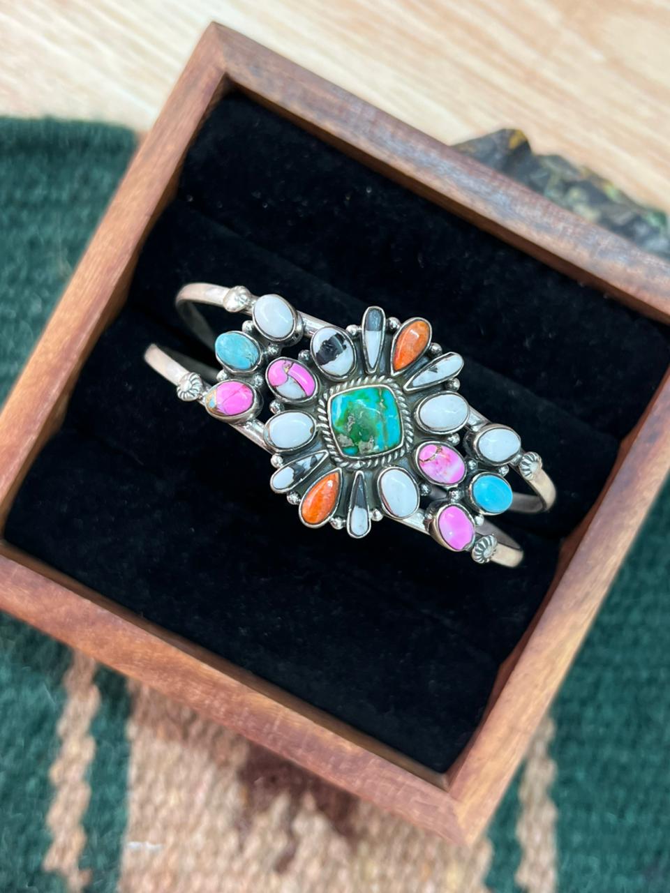 Handmade Sterling Silver Spring Collection: Sonoran Mountain Turquoise with Orange Mojave, Cotton Candy and White Buffalo Cuff Bracelet "Signed Nizhoni"