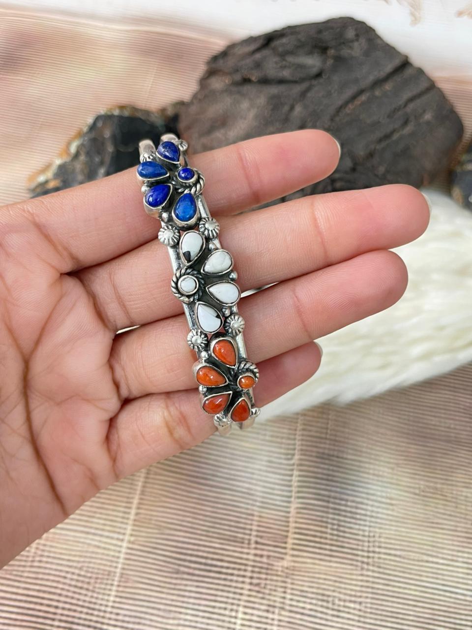 Handmade Sterling Silver 4th Of July Collection: Coral with Lapis and White Buffalo Cuff Bracelet "Signed Nizhoni"