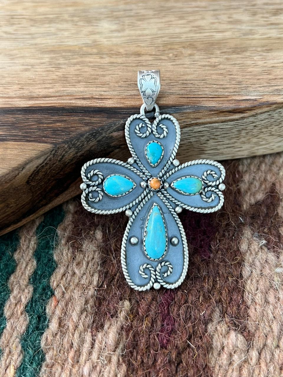 Handmade Sterling Silver Orange Mojave with Kingman Turquoise Pendant "Signed Nizhoni"