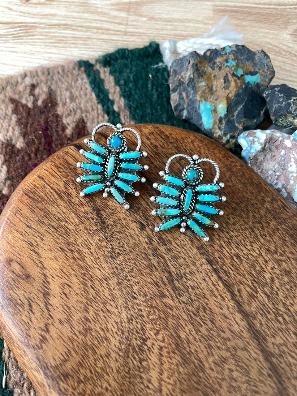 Handmade Sterling Silver Kingman Turquoise Post Studs Earrings "Signed Nizhoni"
