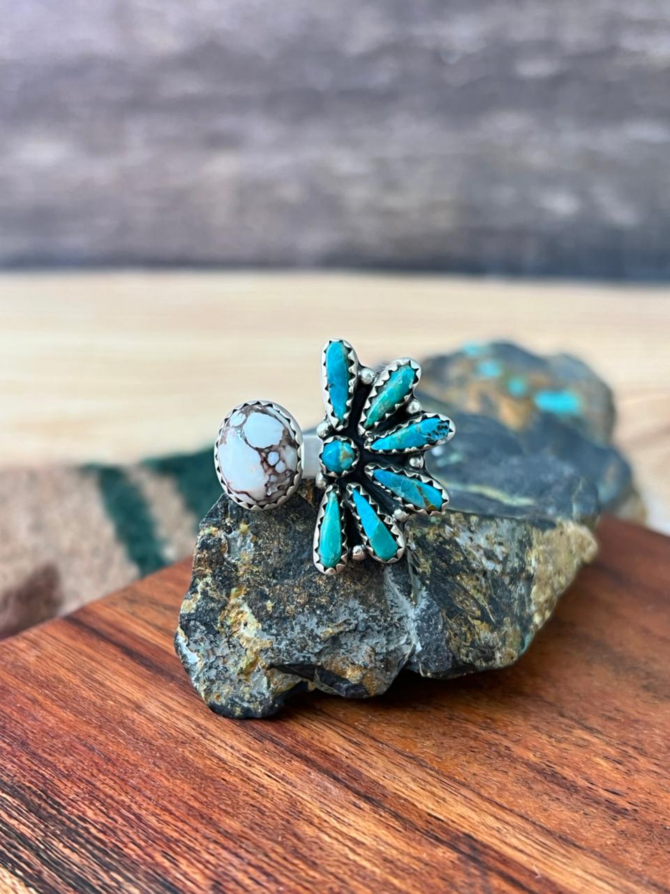 Handmade Sterling Silver Kingman Turquoise with Wildhorse Magnesite Adjustable Ring "Signed Nizhoni"