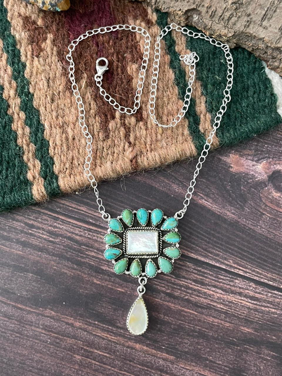 Handmade Sterling Silver Wedding Collection: Mother of Pearl with Kingman Turquoise Necklace "Signed Nizhoni"