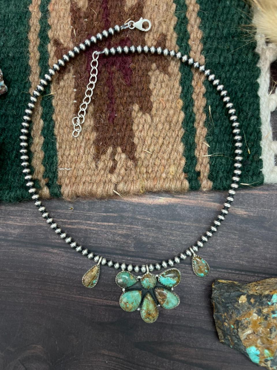 Handmade Sterling Silver Baja Turquoise Collection: Beaded Necklace "Signed Nizhoni"