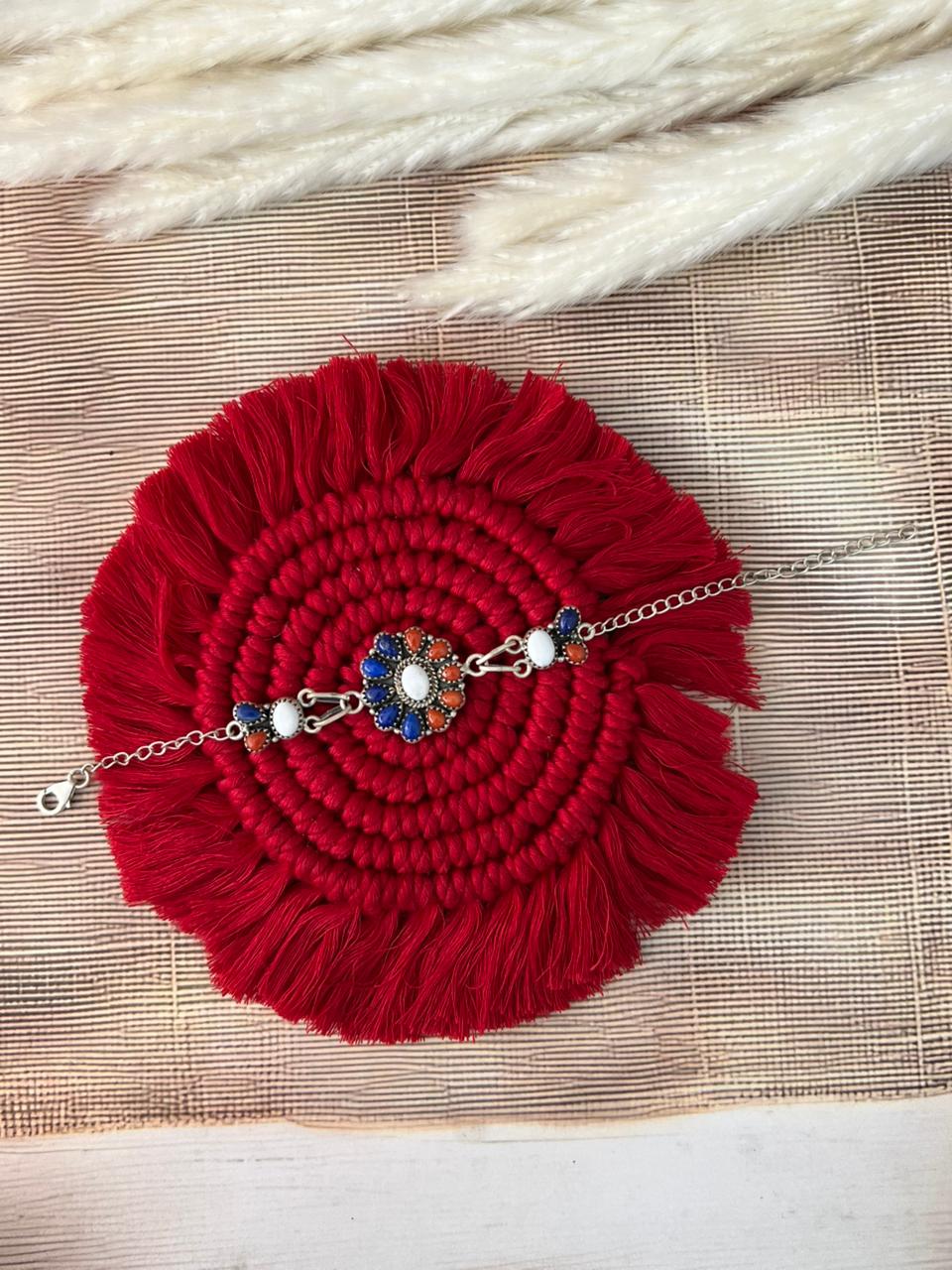 Handmade Sterling Silver 4th Of July Collection: Coral with Lapis and White Buffalo Bracelet "Signed Nizhoni"