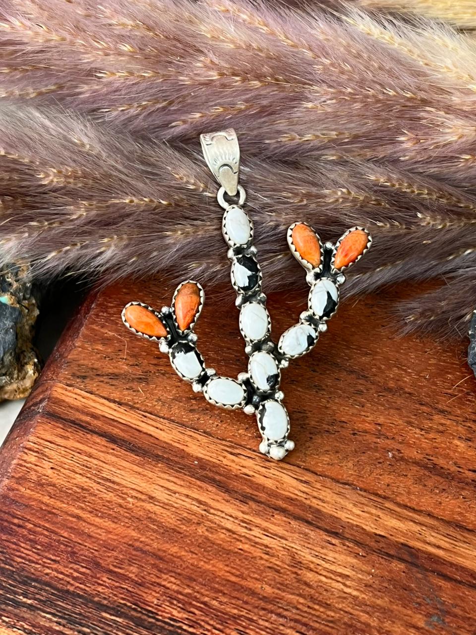 Handmade Sterling Silver Orange Mojave with White Buffalo Pendant "Signed Nizhoni"