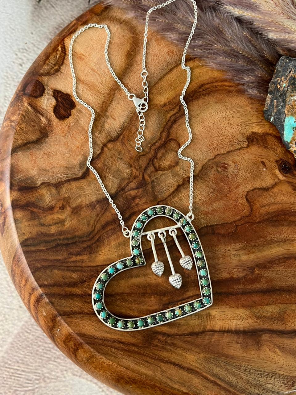 Handmade Sterling Silver Kingman Turquoise Heart Necklace "Signed Nizhoni"