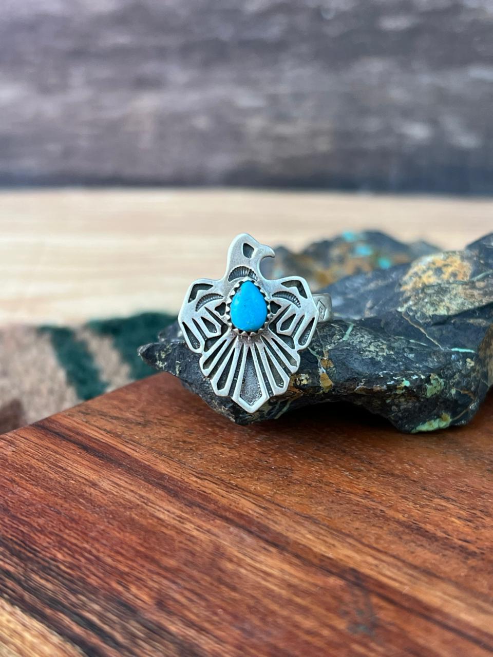 Handmade Sterling Silver Kingman Turquoise Thunderbird Adjustable Ring "Signed Nizhoni"