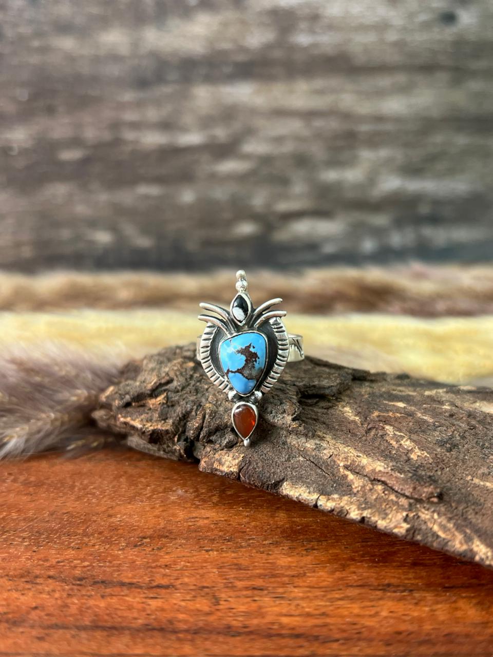 Handmade Sterling Silver Canyon Sunset Collection: Golden Hills Turquoise with White Buffalo and Carnelian Adjustable Ring "Signed Nizhoni"