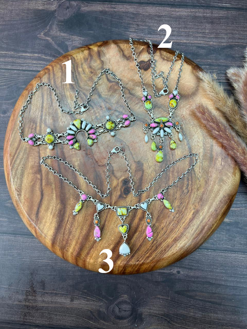 Handmade Sterling Silver Spring Collection: Palomino Turquoise with Cotton Candy, Orange Mojave and White Buffalo Necklace "Signed Nizhoni"