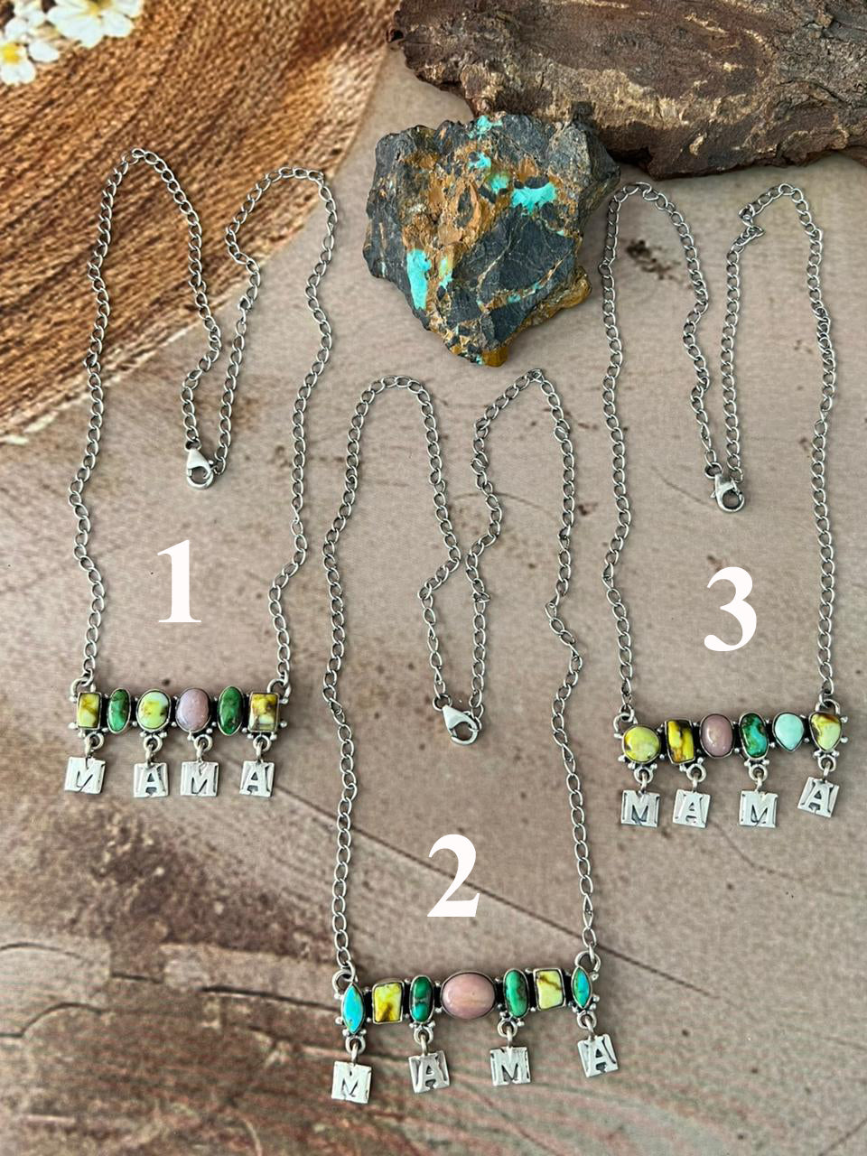 Handmade Sterling Silver Mama Collection: Pink Opal with Sonoran Mountain, Golden Hills and Palomino Turquoise "Signed Nizhoni"