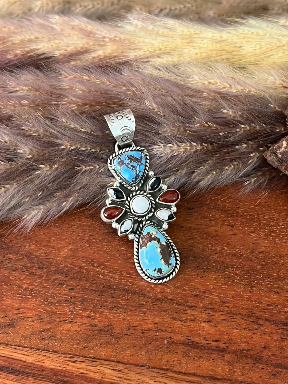 Handmade Sterling Silver Canyon Sunset Collection: Golden Hills Turquoise with White Buffalo and Carnelian Pendant "Signed Nizhoni"