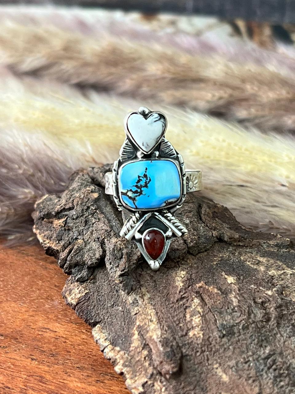Handmade Sterling Silver Canyon Sunset Collection: Golden Hills Turquoise with White Buffalo and Carnelian Adjustable Ring "Signed Nizhoni"