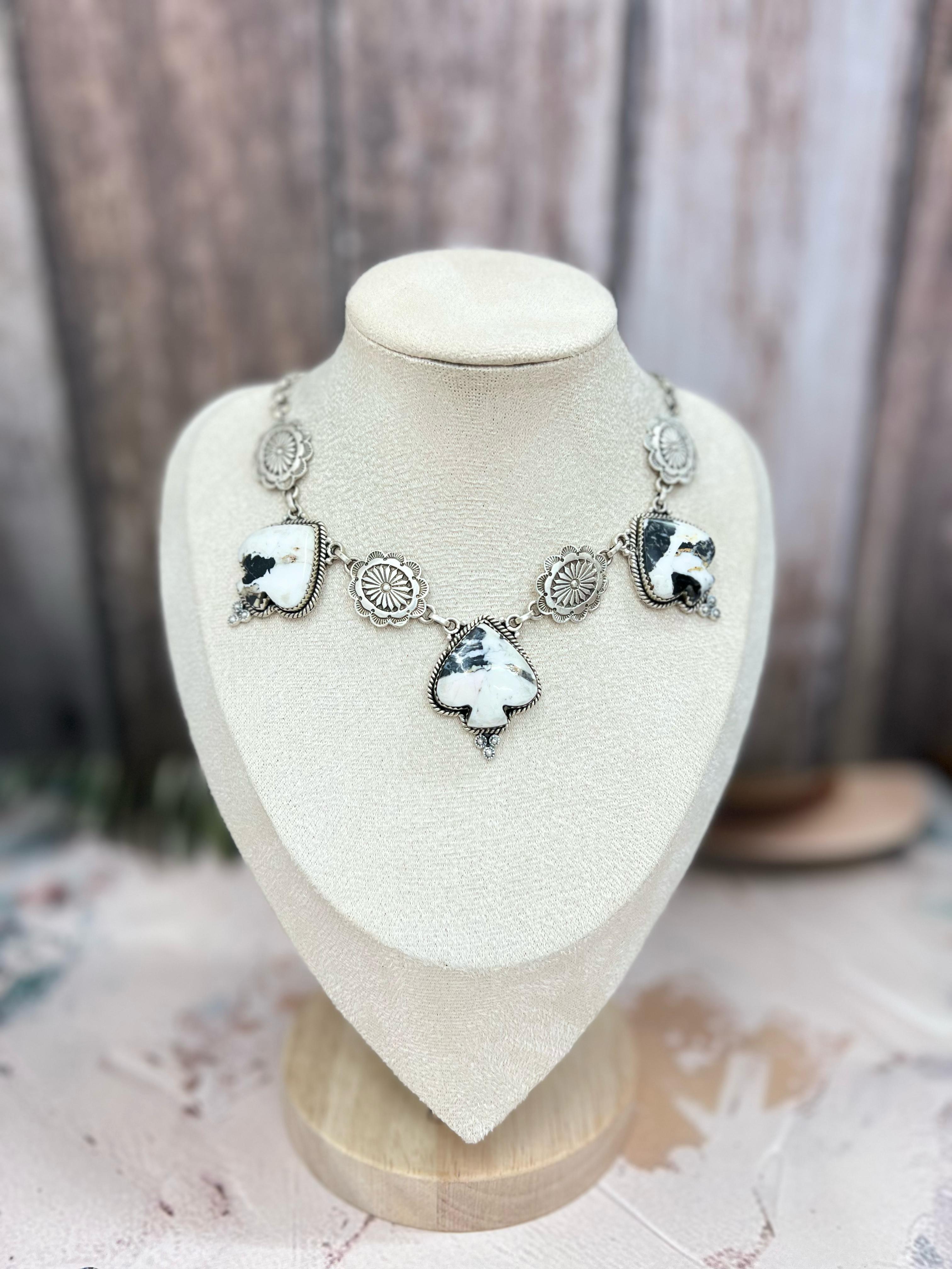 Handmade Sterling Silver White Buffalo, Royston Turquoise, Dahlia Rose Necklace, Signed Nizhoni