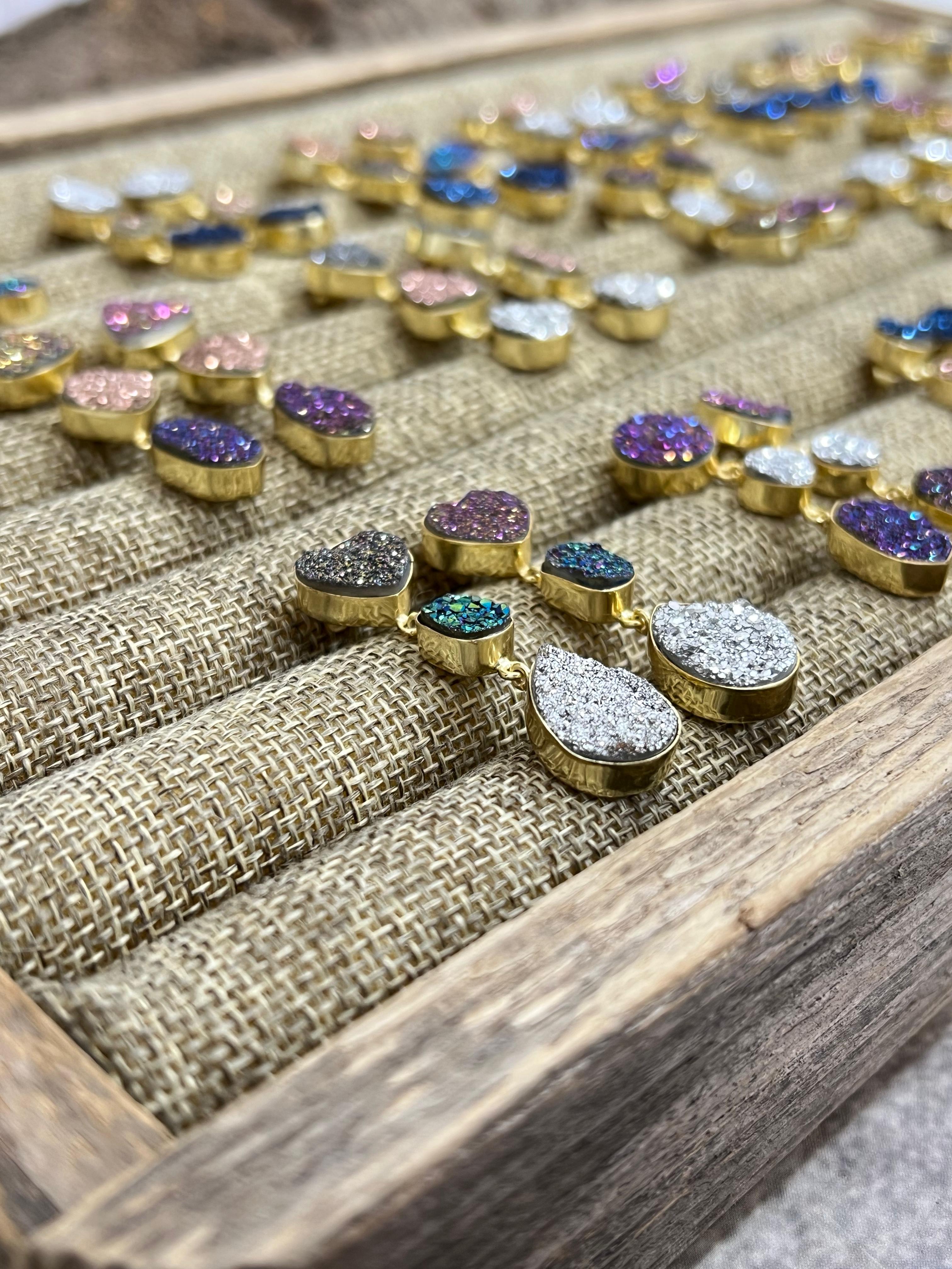 “The Boho Collection” Handmade Natural 3 Stone Druzy Post Dangle Earrings