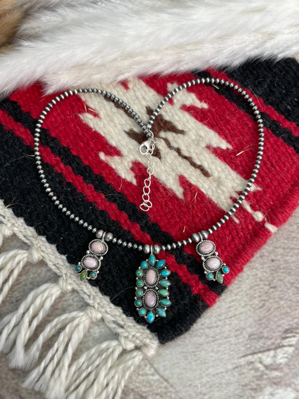 Handmade Sterling Silver Pink Opal with Kingman Turquoise Beaded Necklace "Signed Nizhoni"
