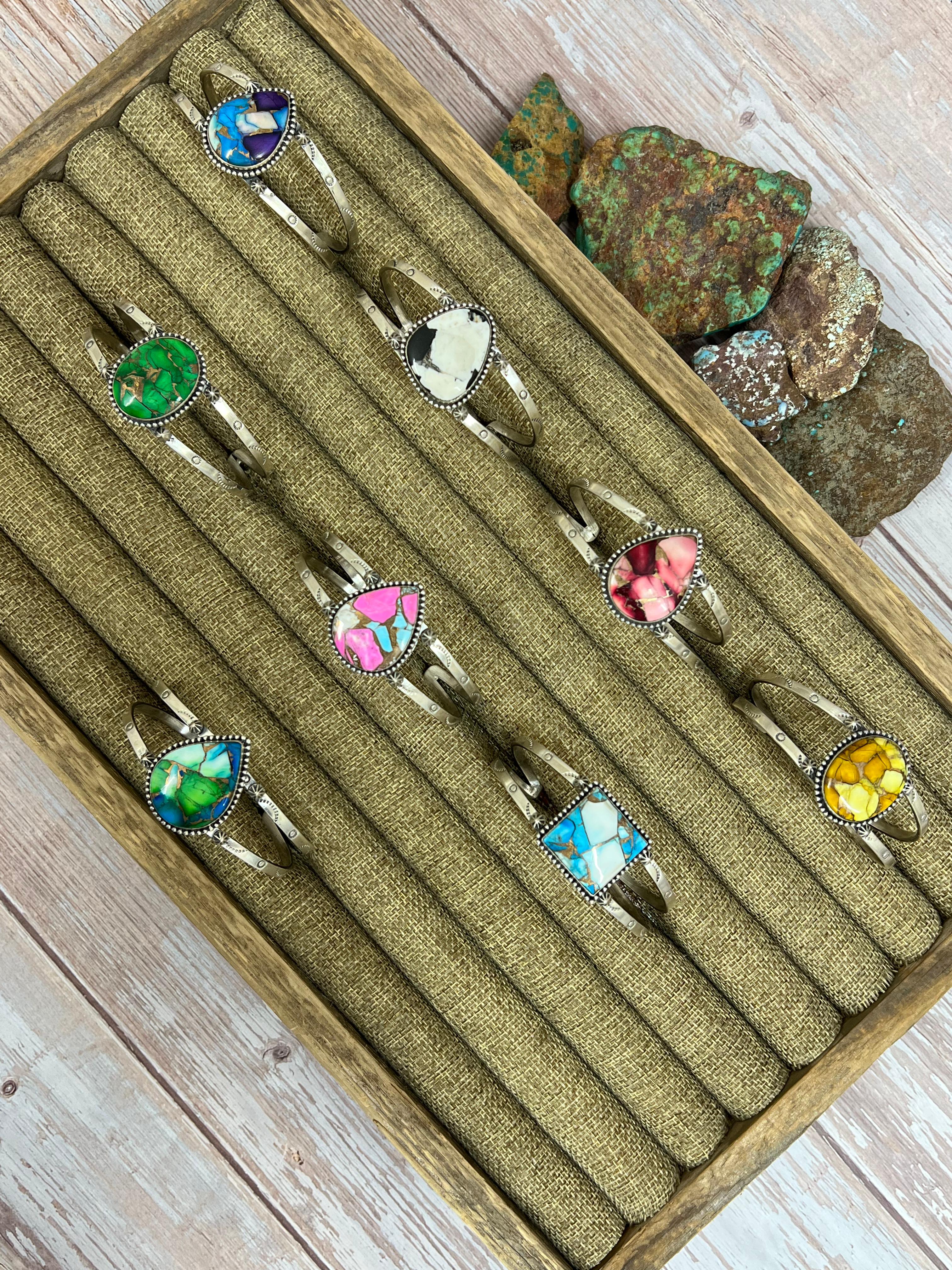 Handmade Sterling Silver Multi Stone Cuff Bracelet with Signed Nizhoni