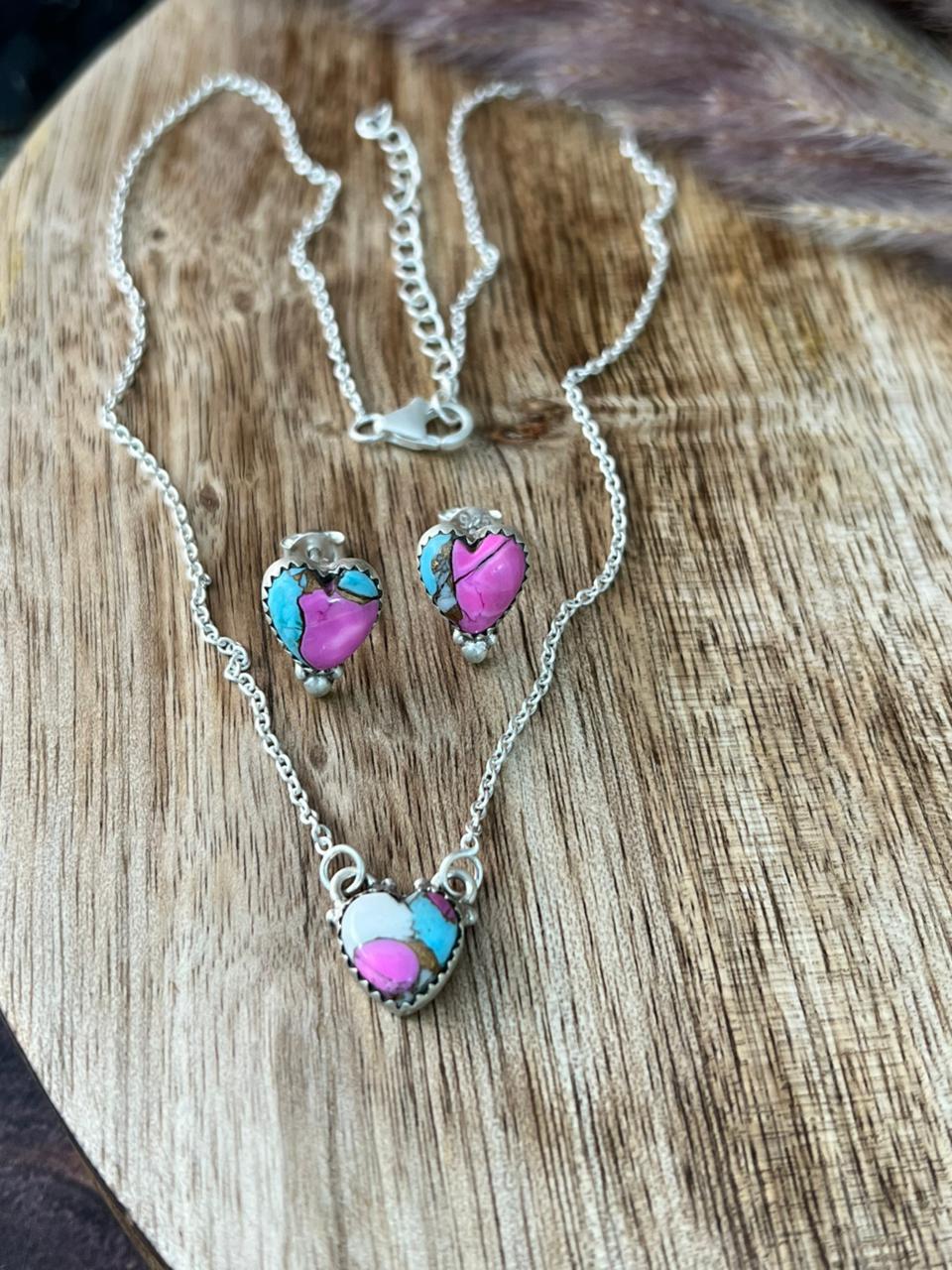 Handmade Sterling Silver Cotton Candy Heart Necklace Earrings Set "Signed Nizhoni"
