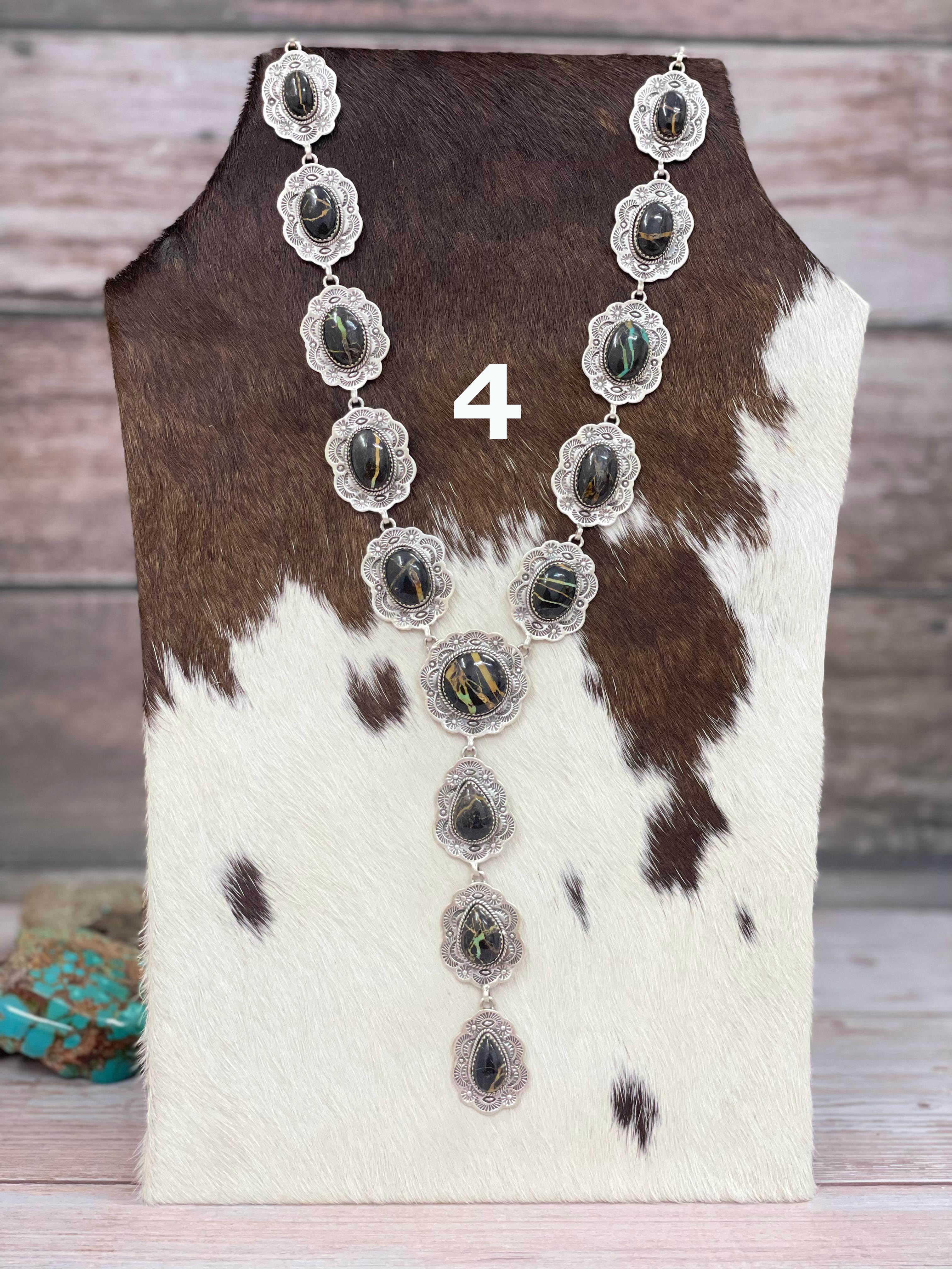 Handmade Sterling Silver Blackjack Turquoise Lariat Necklace with Signed Nizhoni