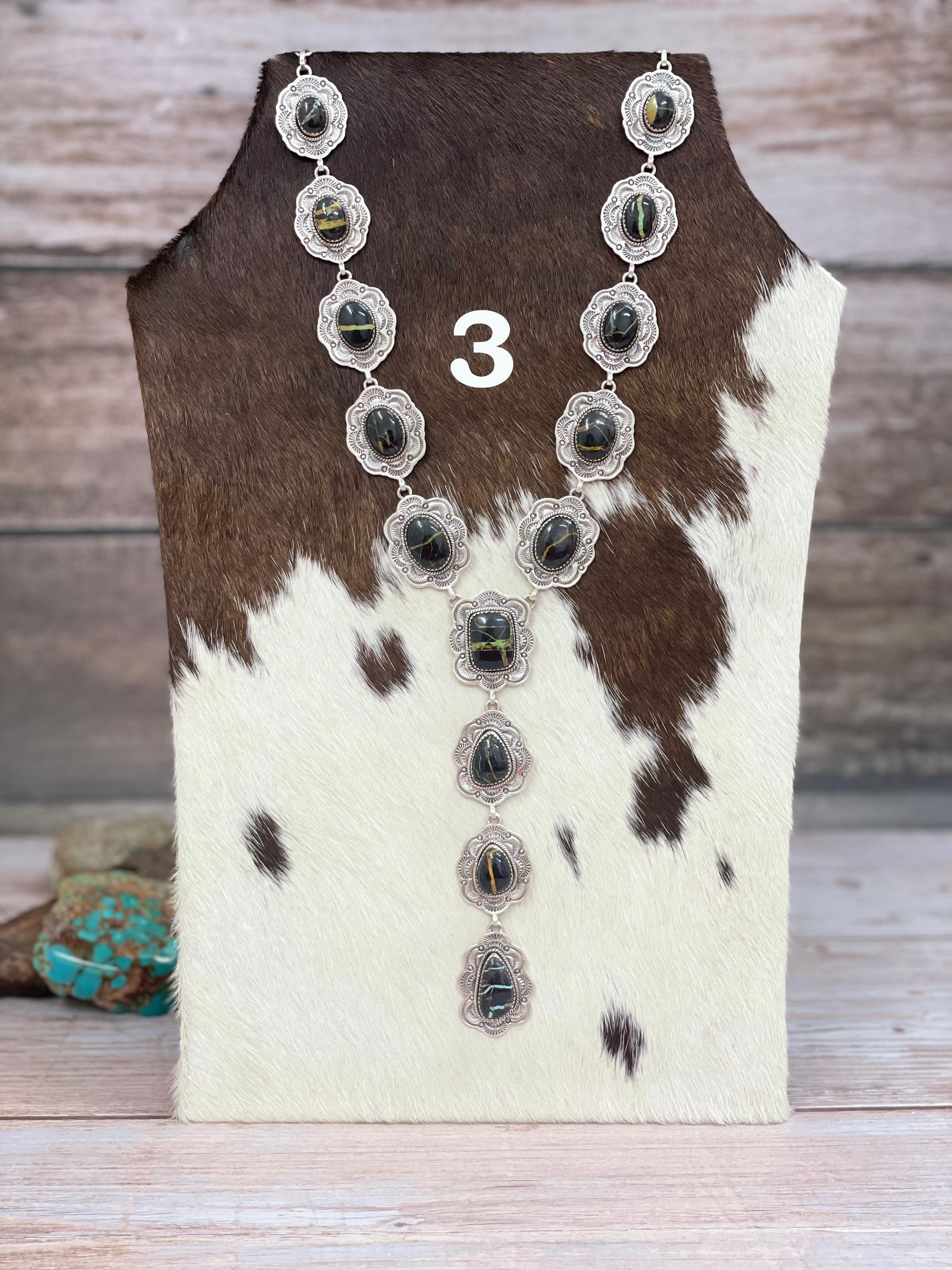 Handmade Sterling Silver Blackjack Turquoise Lariat Necklace with Signed Nizhoni