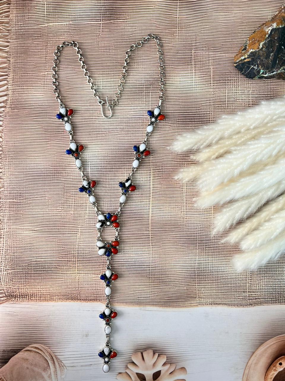 Handmade Sterling Silver 4th Of July Collection: Coral with Lapis and White Buffalo 'Y Shaped' Necklace "Signed Nizhoni"