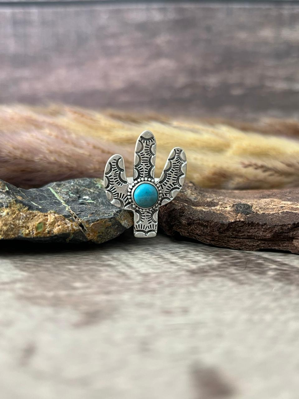 Handmade Sterling Silver Kingman Turquoise Adjustable Cactus Ring "Signed Nizhoni"
