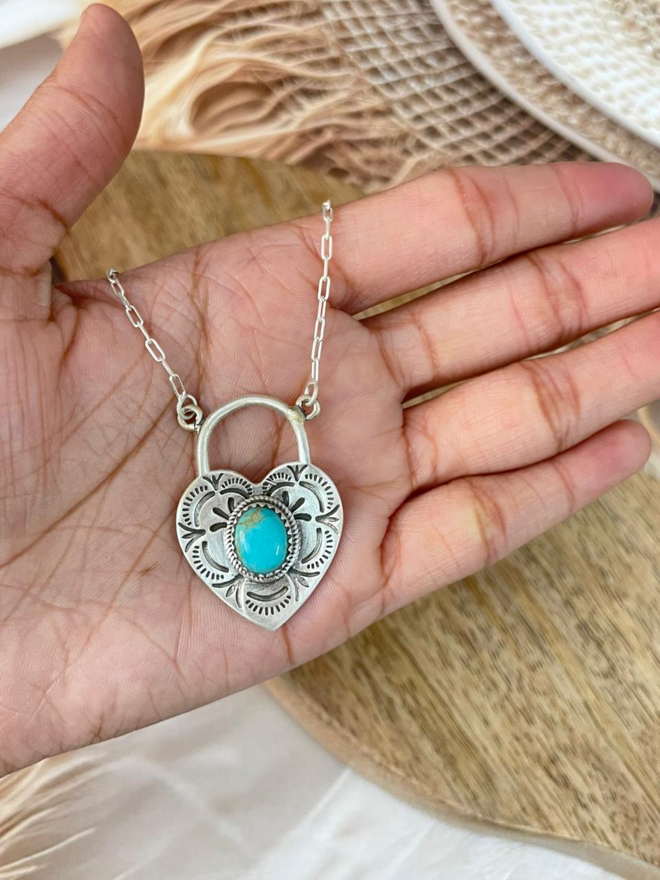 Handmade Sterling Silver Kingman Turquoise Heart Locket Necklace Signed Nizhoni