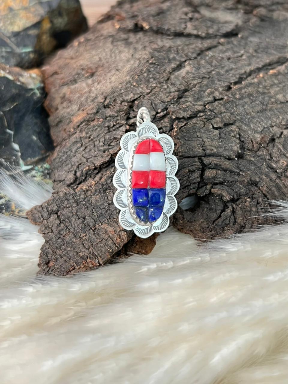 Handmade Sterling Silver 4th Of July Collection: Rosarita with Lapis and White Buffalo Hat Pin "Signed Nizhoni"