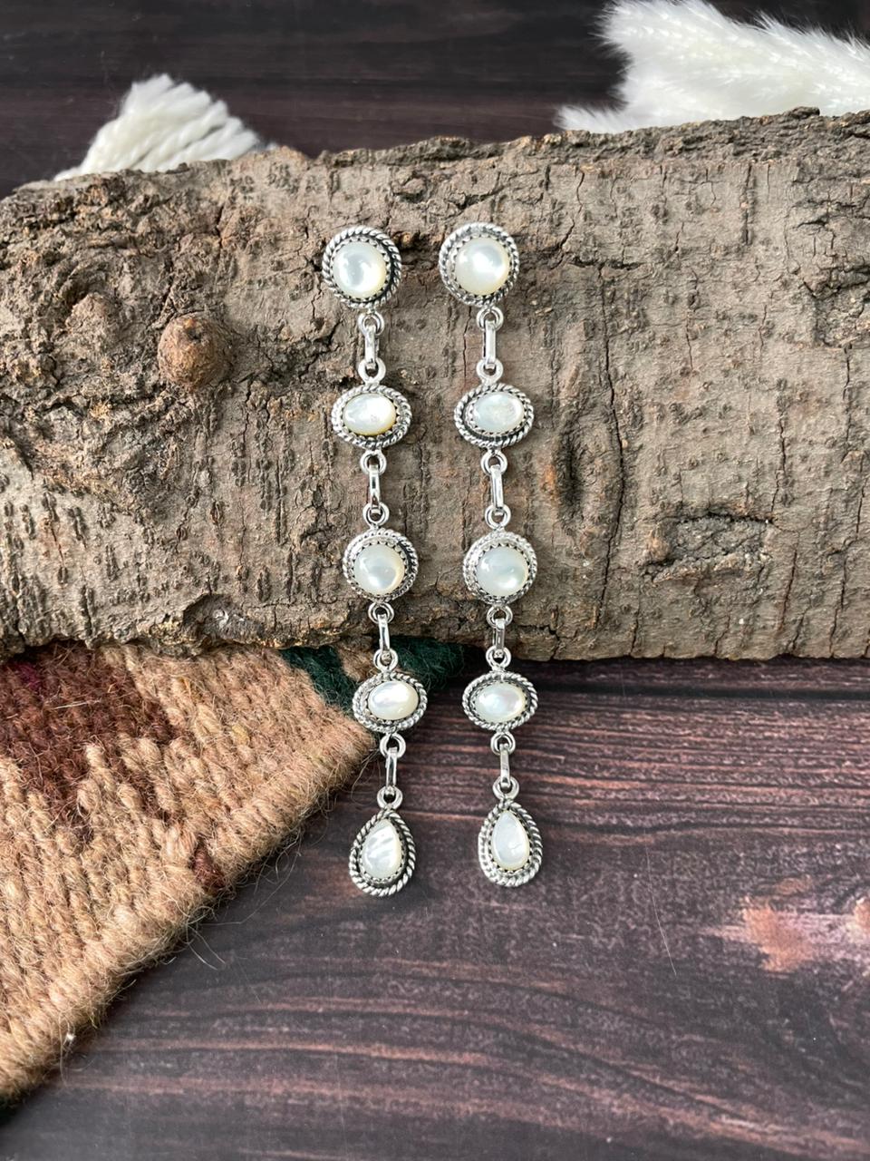 Handmade Sterling Silver Wedding Collection: Mother of Pearl Post Dangle Earrings "Signed Nizhoni"
