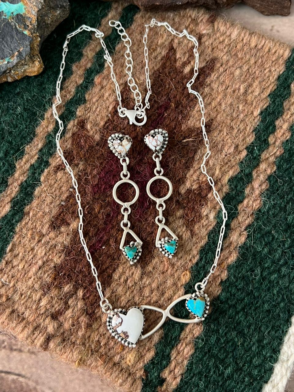 Handmade Sterling Silver Mama Collection: Wild horse Magnesite with Kingman Turquoise Infinity Necklace Earrings Set "Signed Nizhoni"