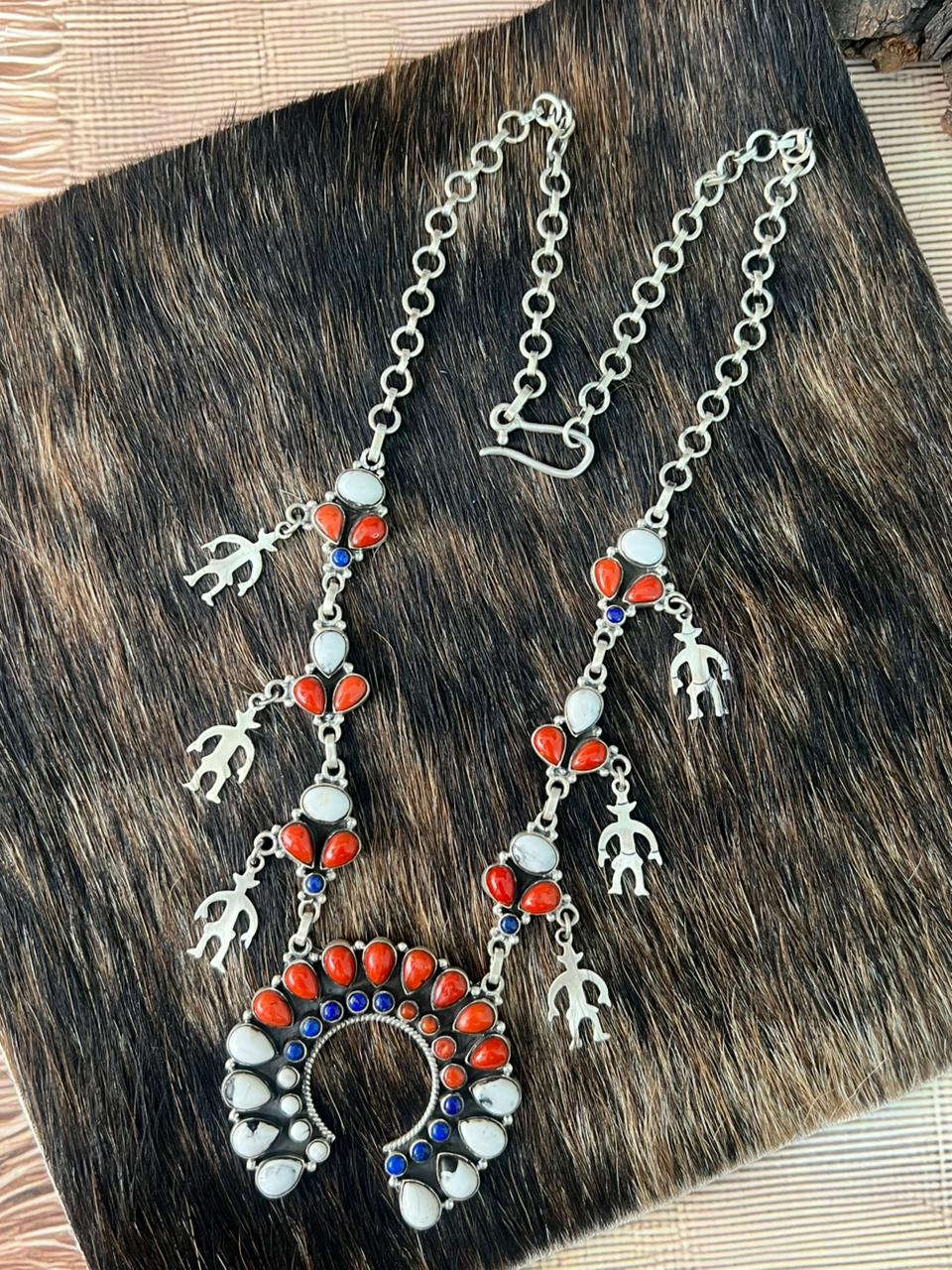 Handmade Sterling Silver 4th Of July Collection: Coral with Lapis and White Buffalo Naja Necklace "Signed Nizhoni"