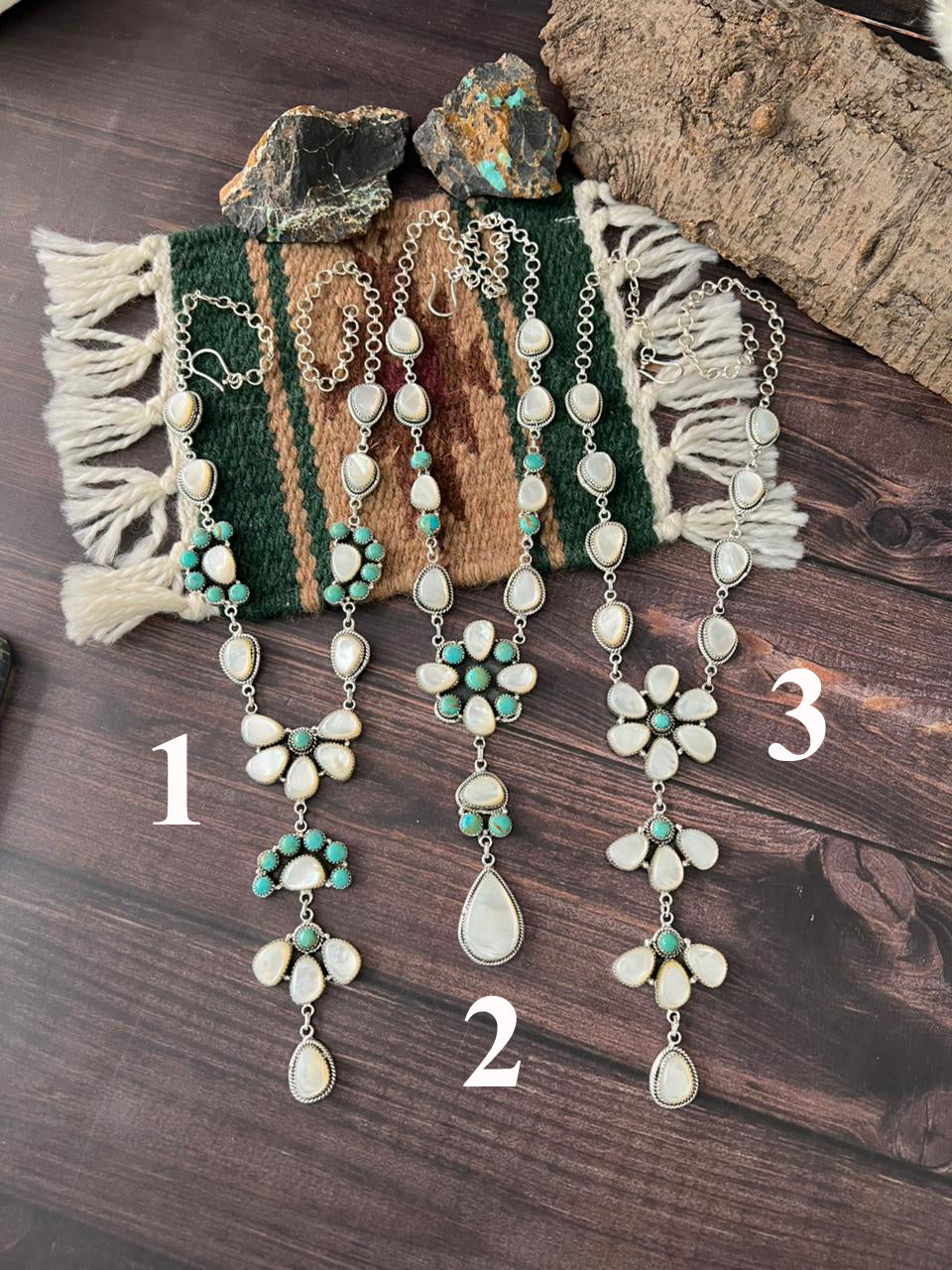 Handmade Sterling Silver Wedding Collection: Mother of Pearl with Kingman Turquoise Necklace "Signed Nizhoni"