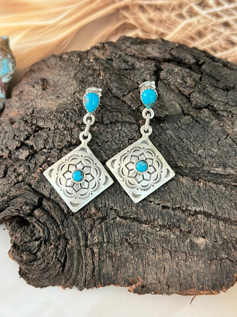 Handmade Sterling Silver Kingman Turquoise Post Dangle Earrings "Signed Nizhoni"