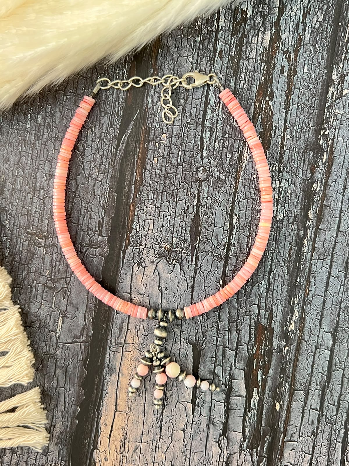 Handmade Sterling Silver Queen Pink Conch Collection: Beaded Anklet "Signed Nizhoni"